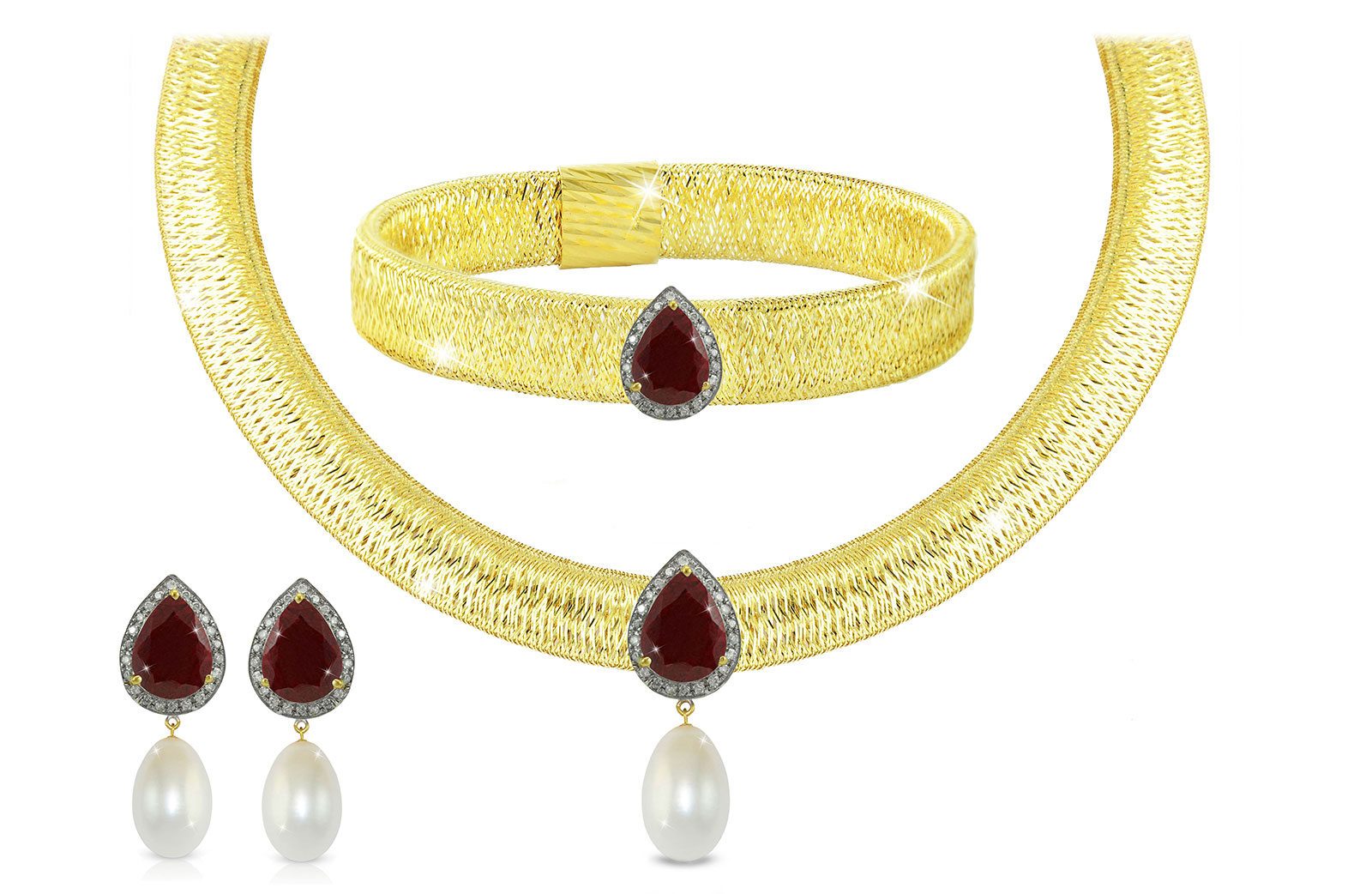Vera Perla 18K Gold 0.48ct Diamonds, Ruby and 13mm White Pearl Jewelry Set - 3 pcs.